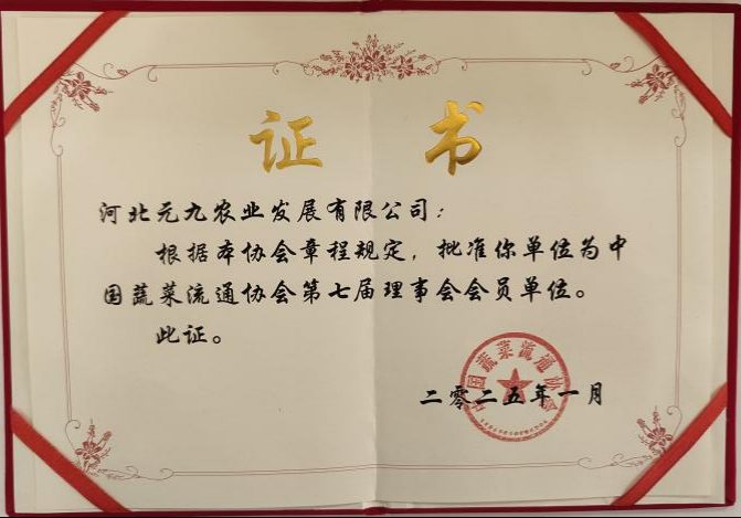 中国蔬菜流通协会理事会员单位证书