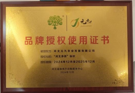 河北净菜品牌授权使用证书